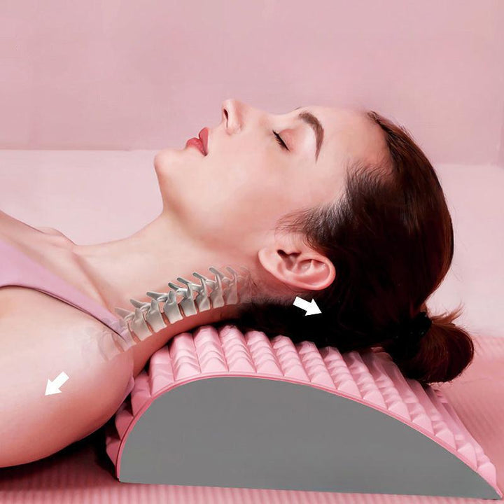 "Ergonomic lumbar back stretcher for pain relief, durable EVA foam, soft massage nodes, blue, ideal for posture correction."