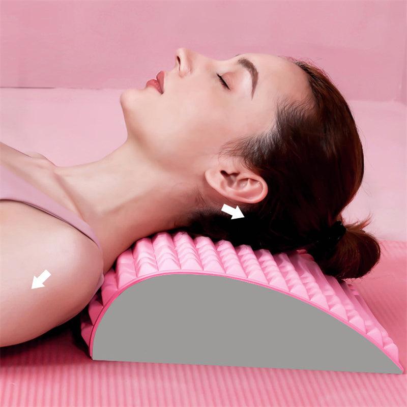"Ergonomic lumbar back stretcher for pain relief, durable EVA foam, soft massage nodes, blue, ideal for posture correction."