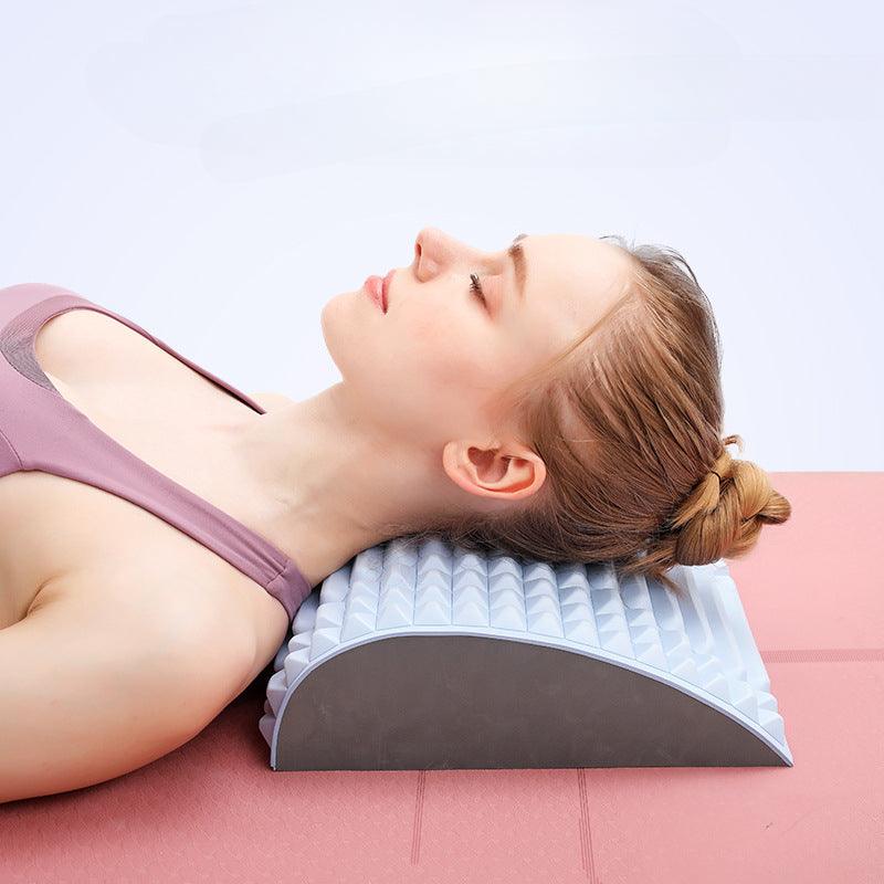 "Ergonomic lumbar back stretcher for pain relief, durable EVA foam, soft massage nodes, blue, ideal for posture correction."
