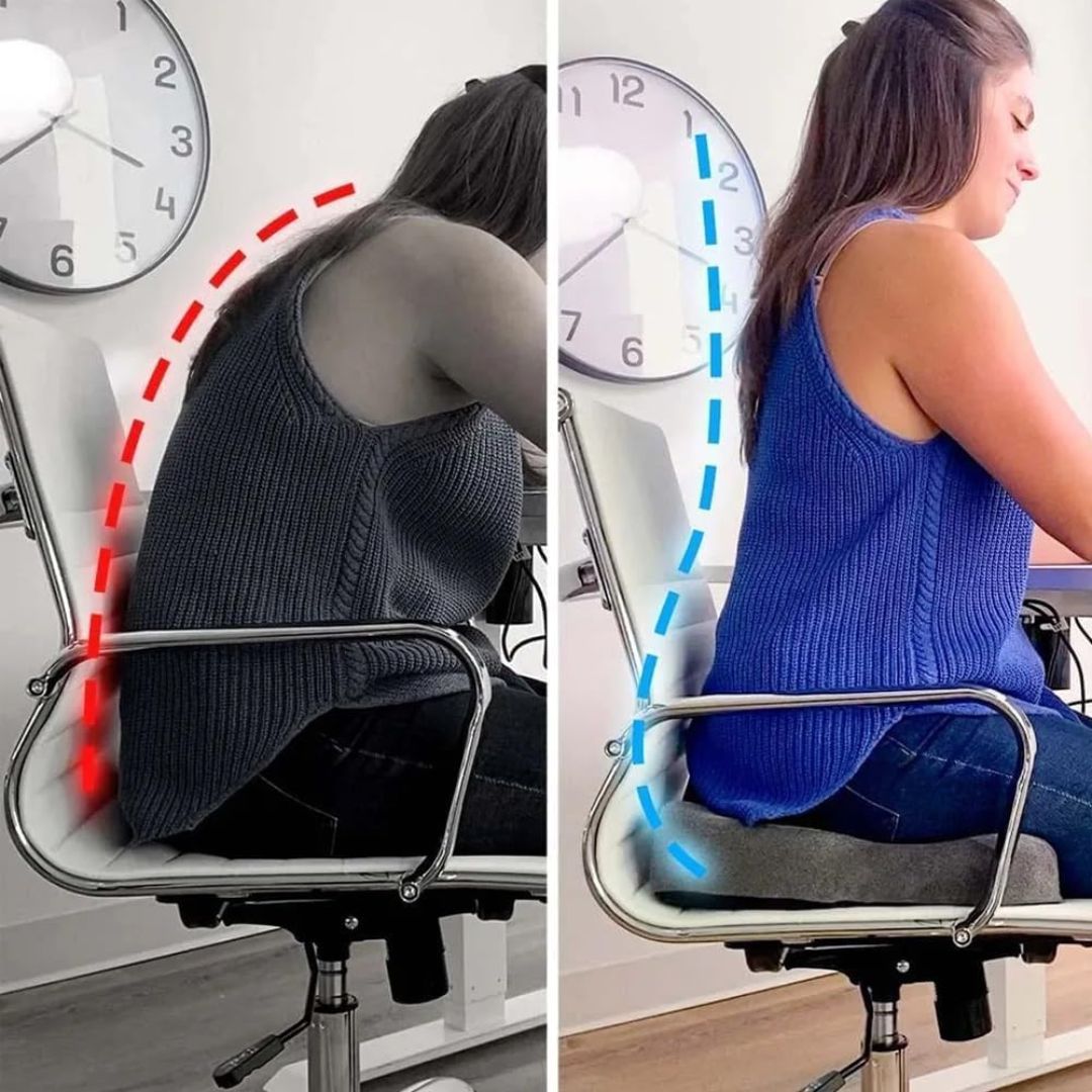 "Ergonomic memory foam sit bone relief cushion for office or car, contoured for tailbone support, adjustable firmness."