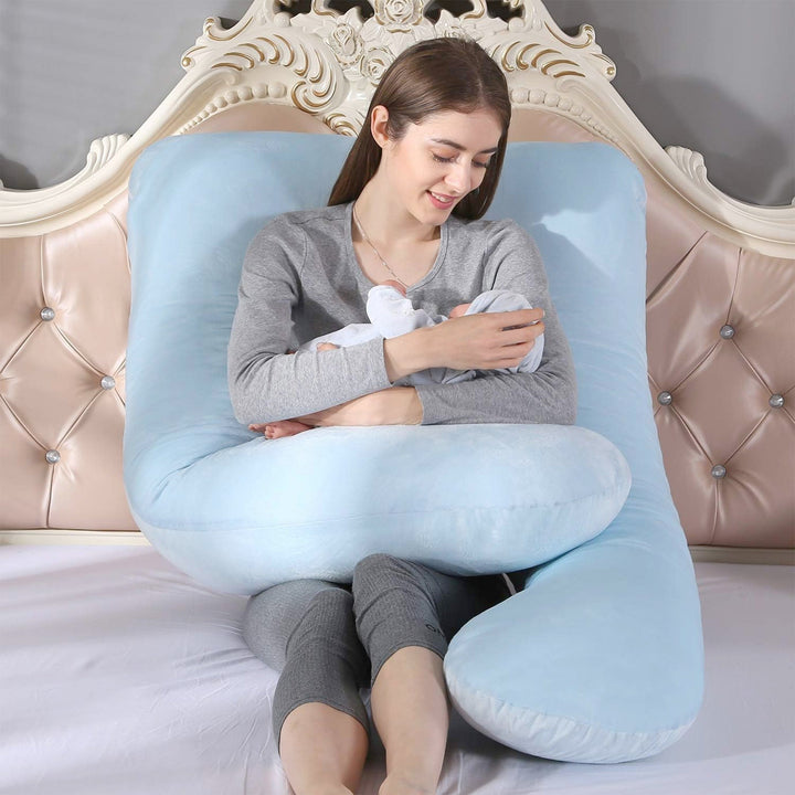 "Ergonomic pregnancy pillow for women, supports back and hips, vibrant colors, ideal for sleeping, reading, nursing."