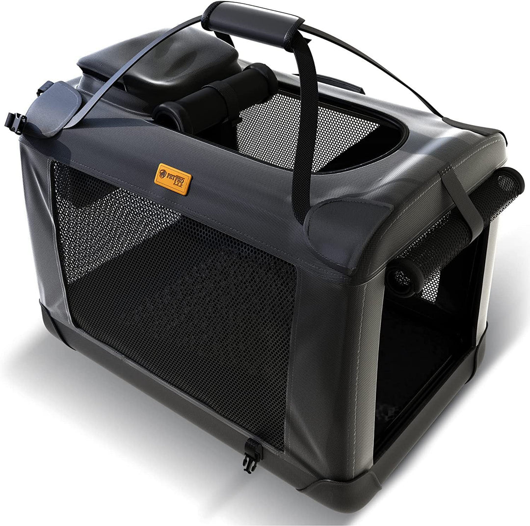 "Foldable dog carrier with breathable mesh windows, lightweight, easy access zip doors, rugged material, ideal for travel."