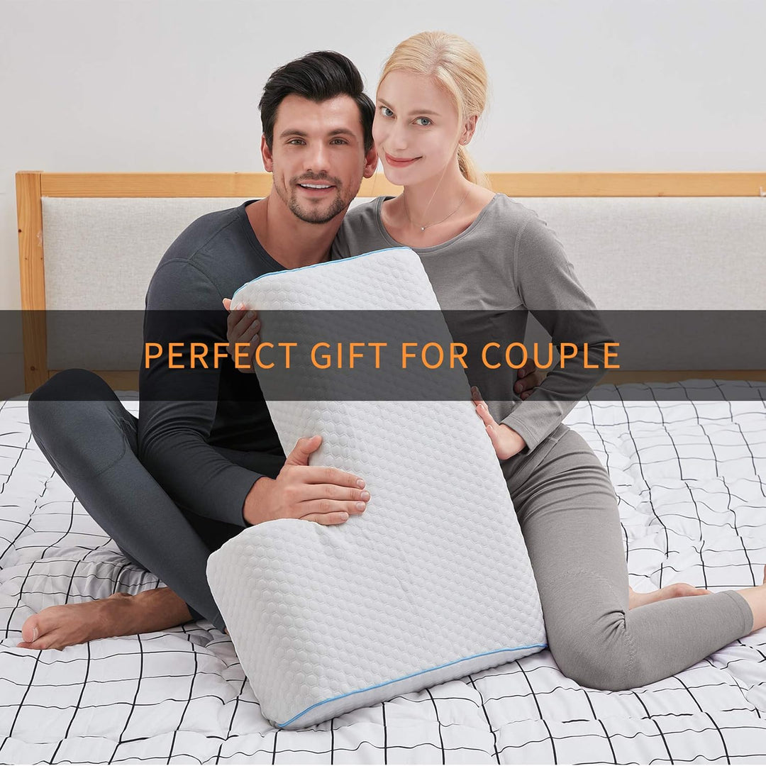 Gel-infused shoulder relief pillow with cooling foam, designed for side sleepers, showcasing unique arm pocket for comfort.