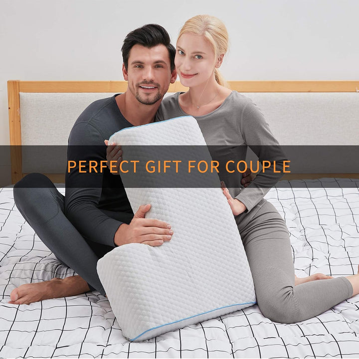 Gel-infused shoulder relief pillow with cooling foam, designed for side sleepers, showcasing unique arm pocket for comfort.