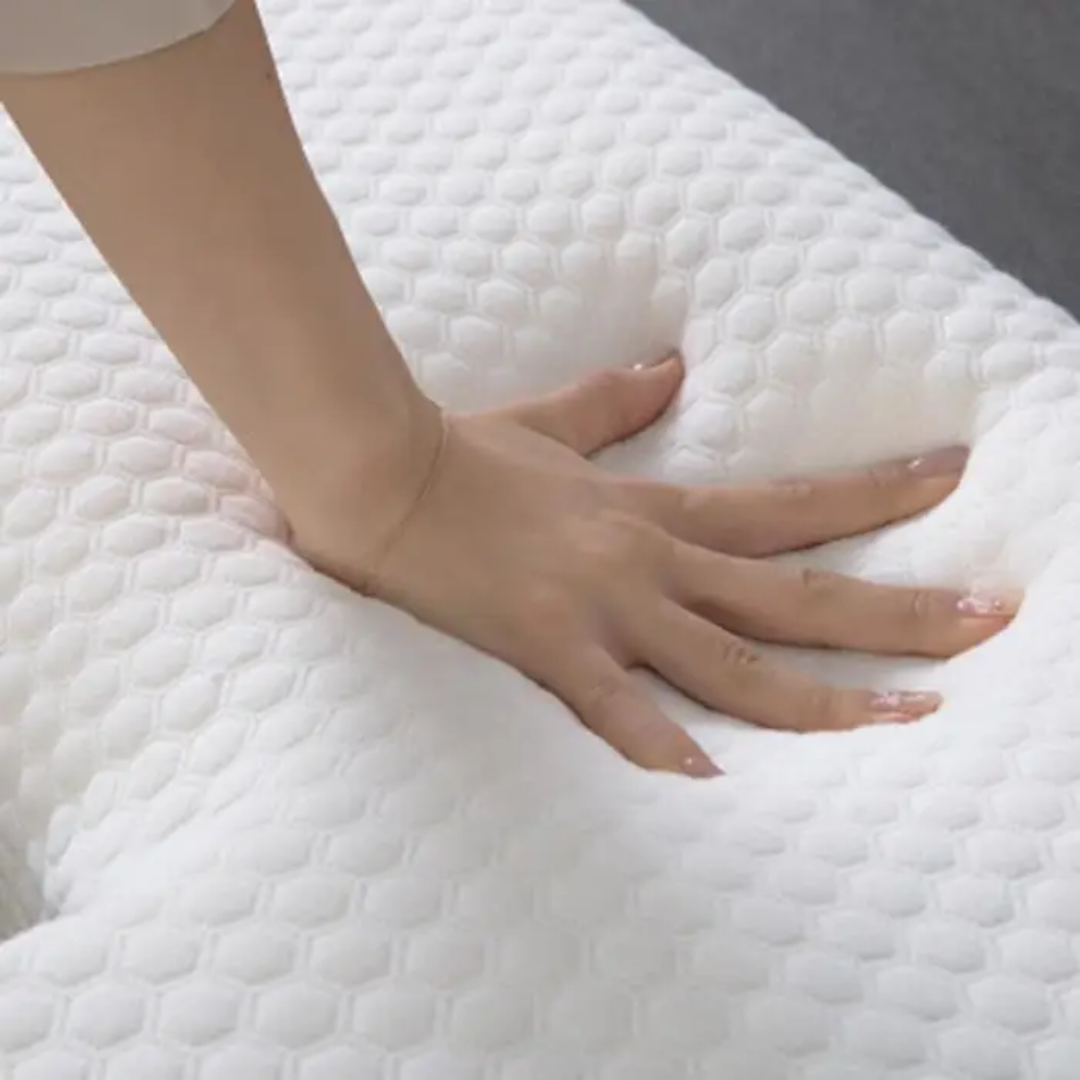Gel-infused shoulder relief pillow with cooling foam, designed for side sleepers, showcasing unique arm pocket for comfort.