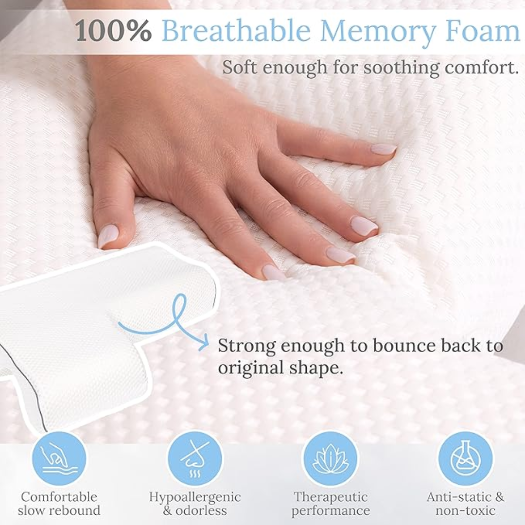 Gel-infused shoulder relief pillow with cooling foam, designed for side sleepers, showcasing unique arm pocket for comfort.