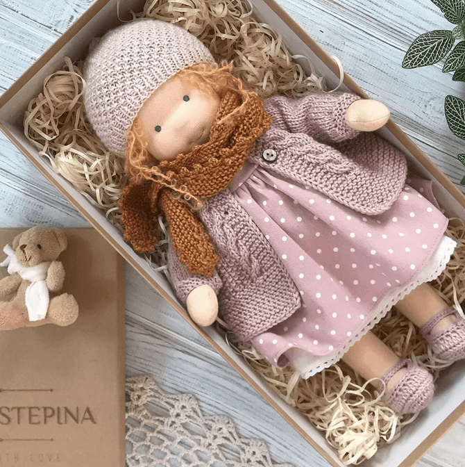 Handmade Waldorf Cuddle Doll Poppi, natural soft toy in earthy tones, crafted from hypoallergenic cotton, ideal for kids.