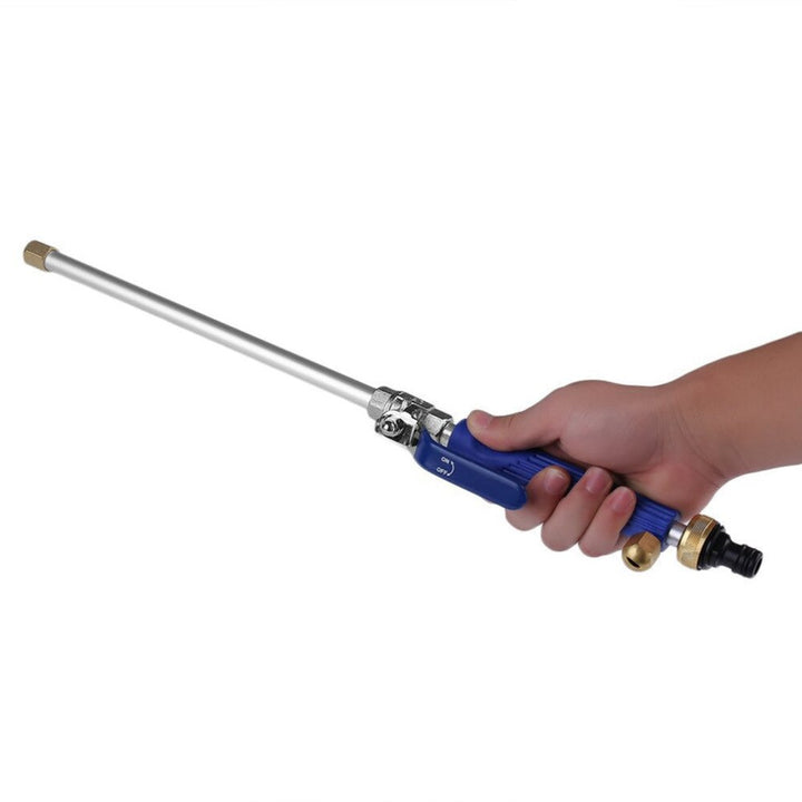 "Heavy-duty pressure washer attachment, blue, with sturdy design for cleaning dirt and grime effectively on various surfaces.