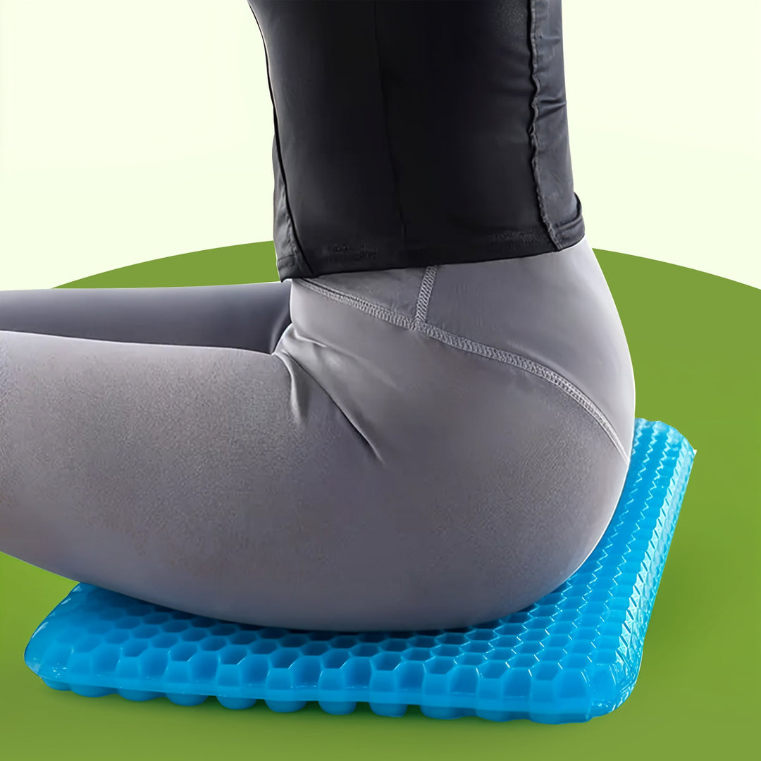 "Honeycomb gel seat cushion with cover, blue ergonomic design, enhances chair comfort at home or office."