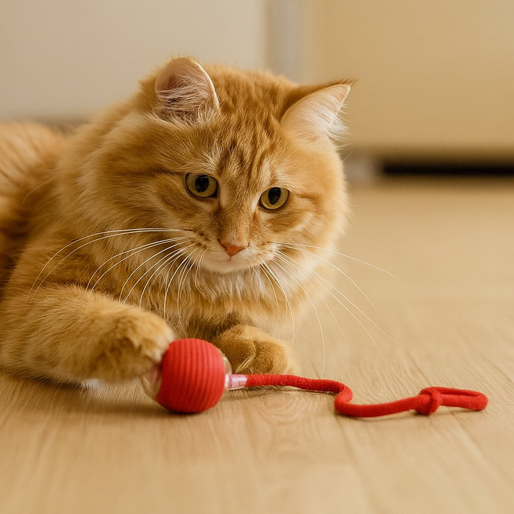 "Interactive cat toy ball with tail in green and grey, designed for active playtime and engaging feline hunting instincts."