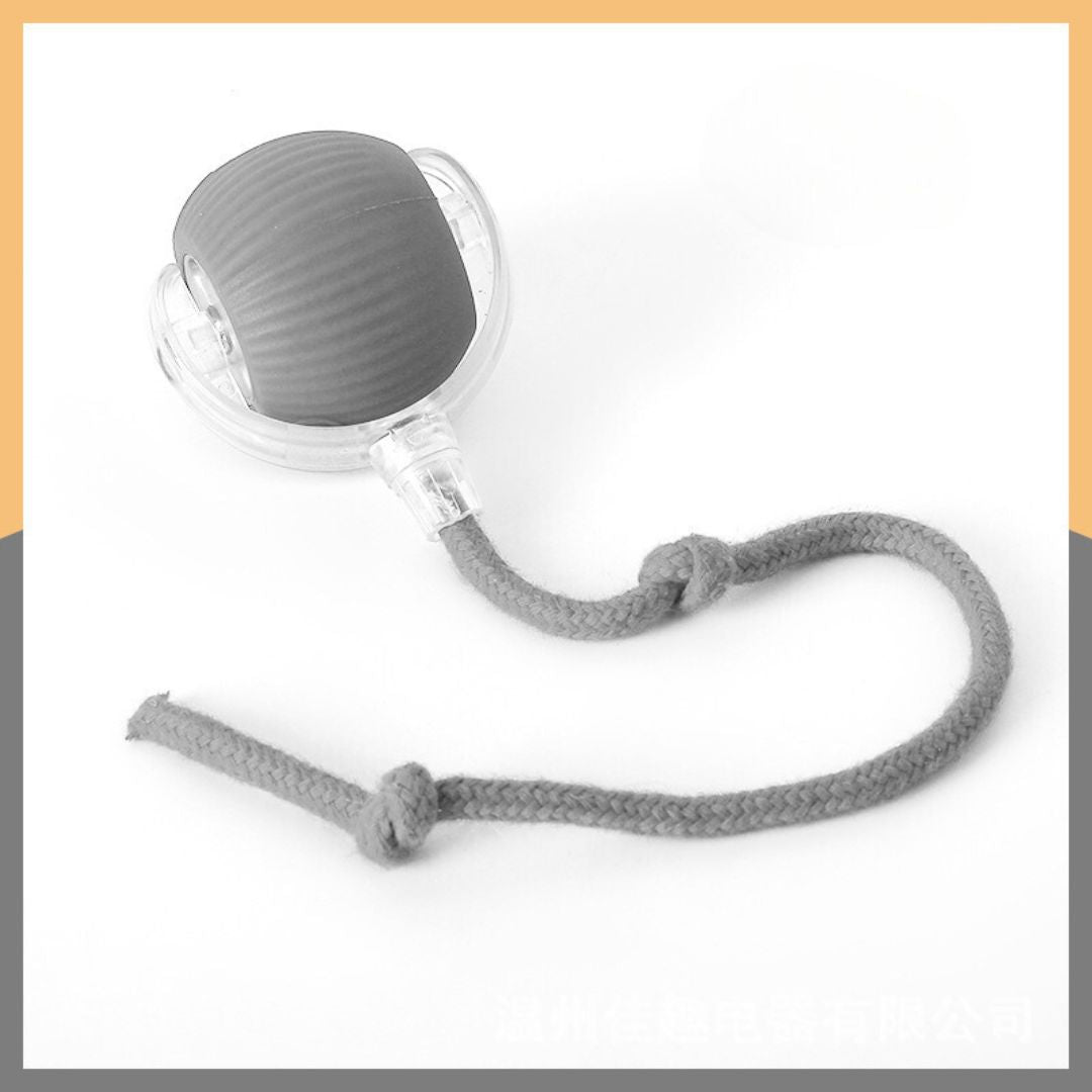 "Interactive cat toy ball with tail in green and grey, designed for active playtime and engaging feline hunting instincts."