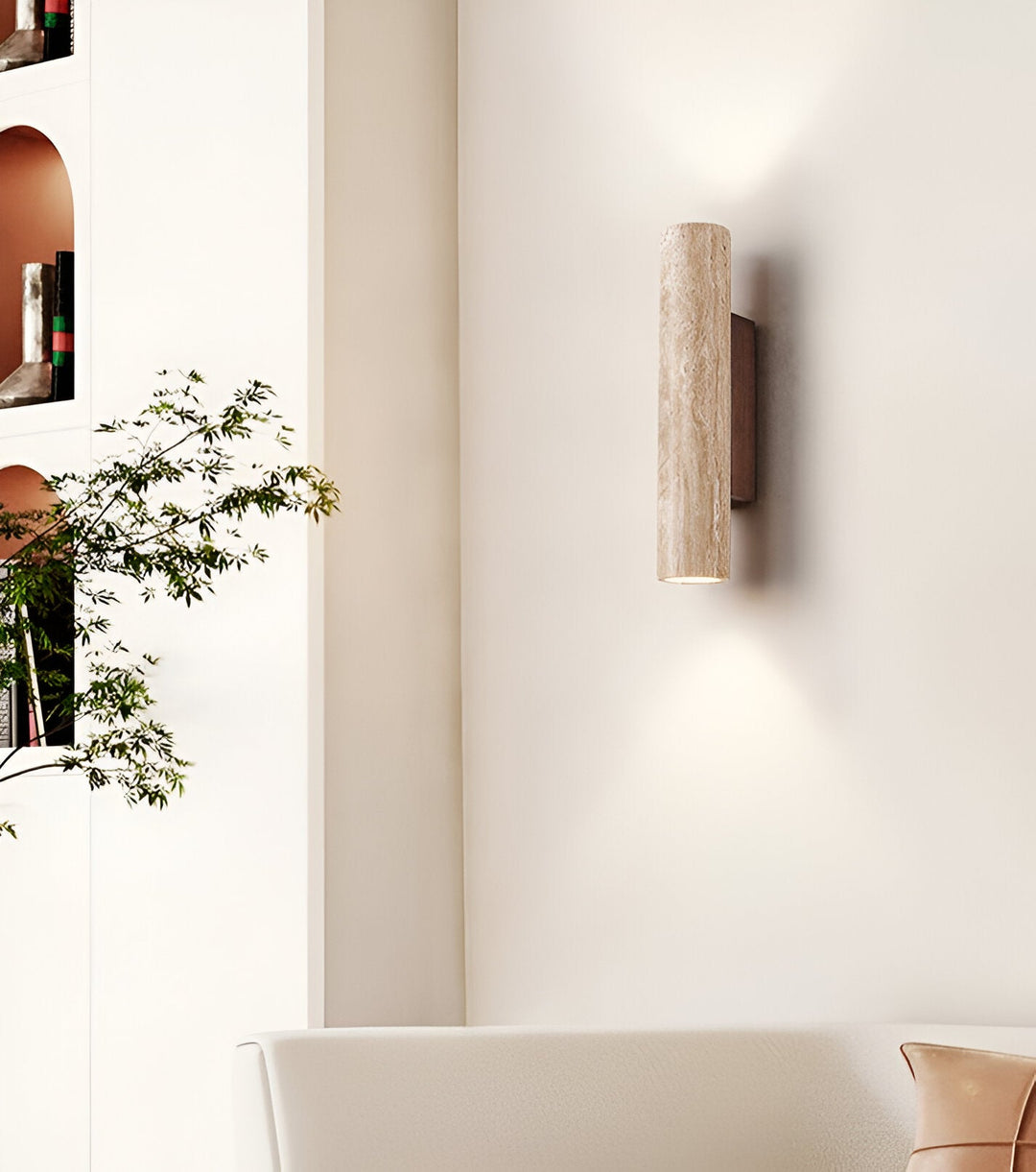 Japandi minimalist travertine stone wall lamp with natural beige finish, conveys elegance with its sleek design and warm glow
