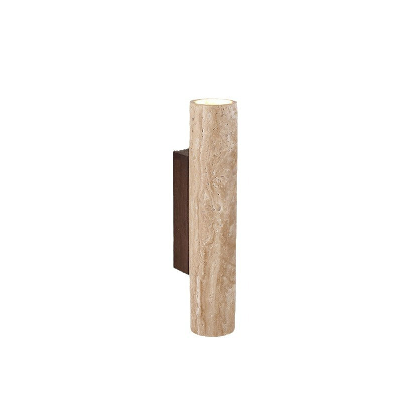 Japandi minimalist travertine stone wall lamp with natural beige finish, conveys elegance with its sleek design and warm glow