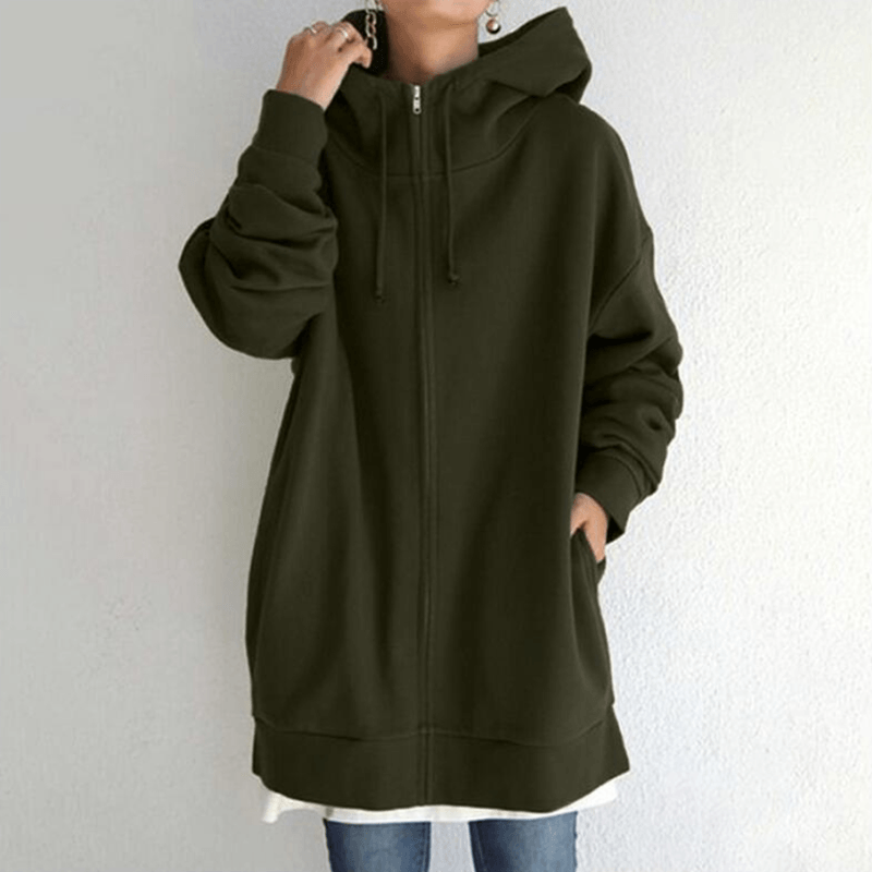 Khaki women's hooded vest jacket with pocket, featuring a front zipper and soft polyester fabric for comfort and style.