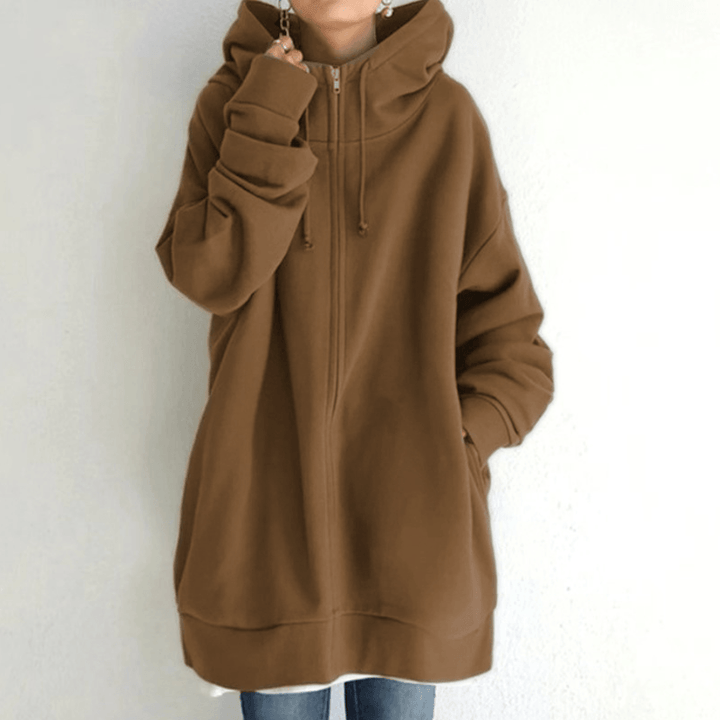 Khaki women's hooded vest jacket with pocket, featuring a front zipper and soft polyester fabric for comfort and style.