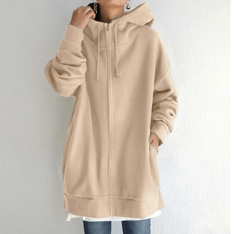 Khaki women's hooded vest jacket with pocket, featuring a front zipper and soft polyester fabric for comfort and style.