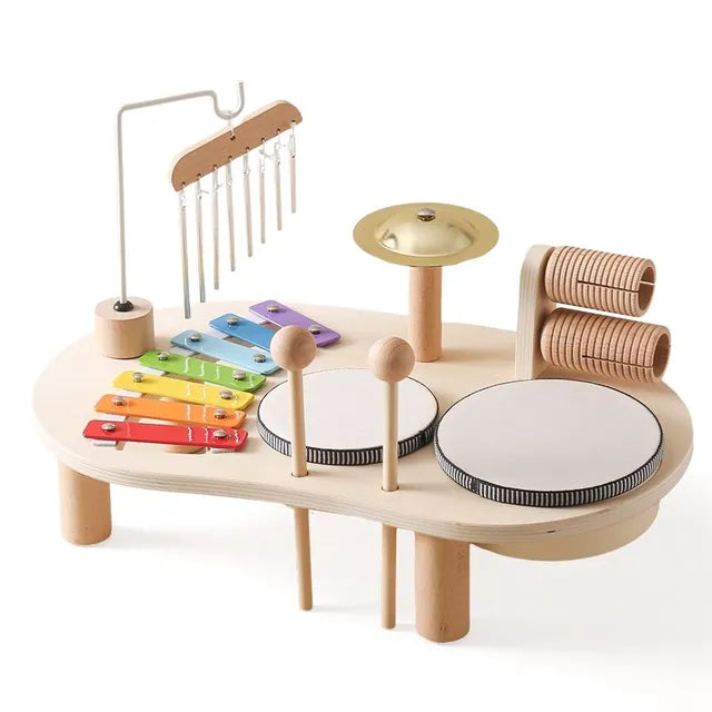 Kids wooden musical toy set with colorful xylophone, drums, and bells encourages creativity and exploration of rhythms.