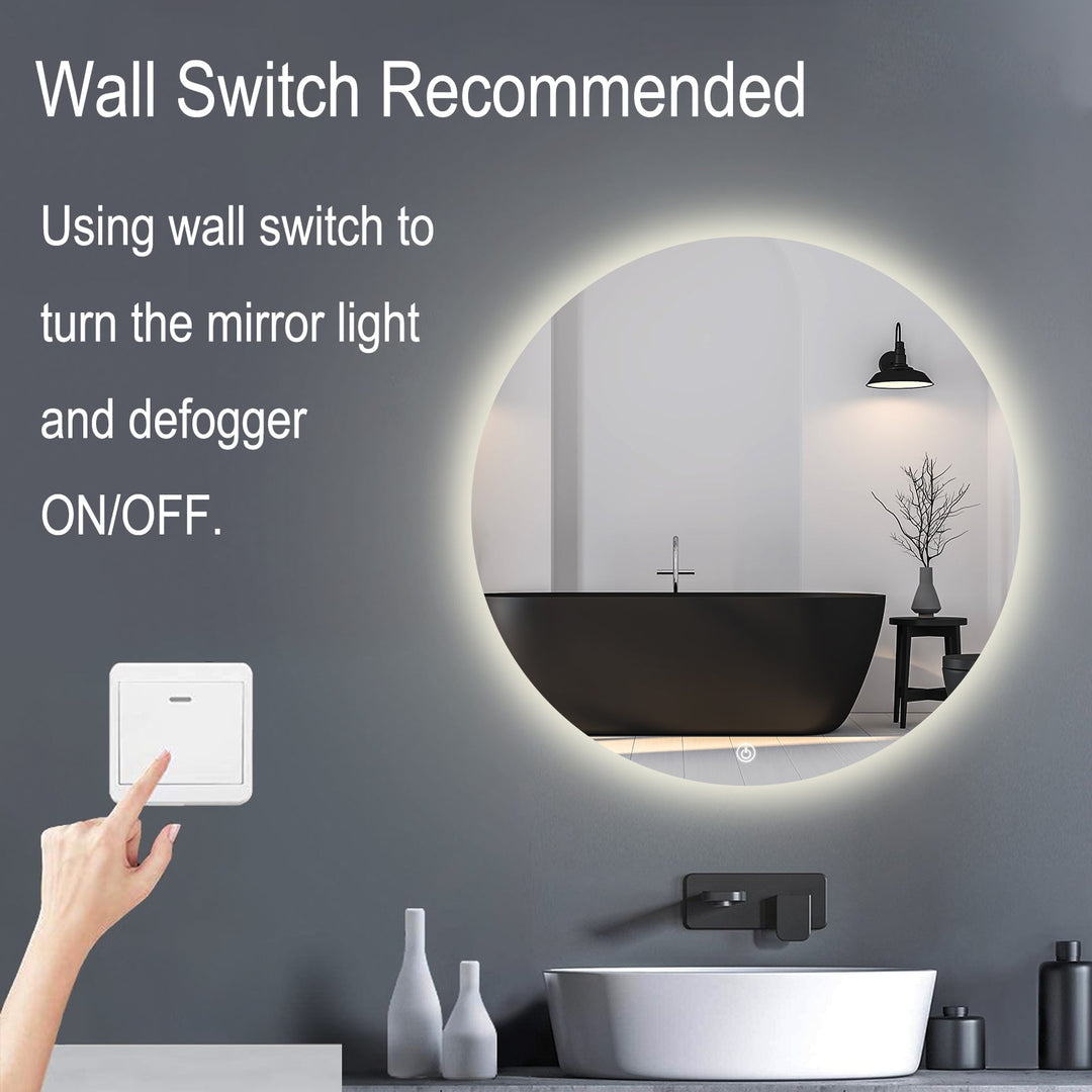 LED round bathroom vanity mirror with anti-fog and dimmable lighting, featuring sleek design and reflective silver rim.