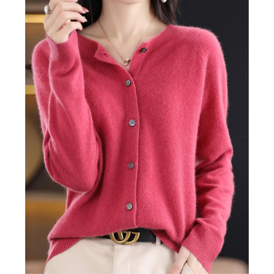 "Ladies cashmere wool O-neck cardigan, dark pink, elegant button-down design, perfect for women's winter style."