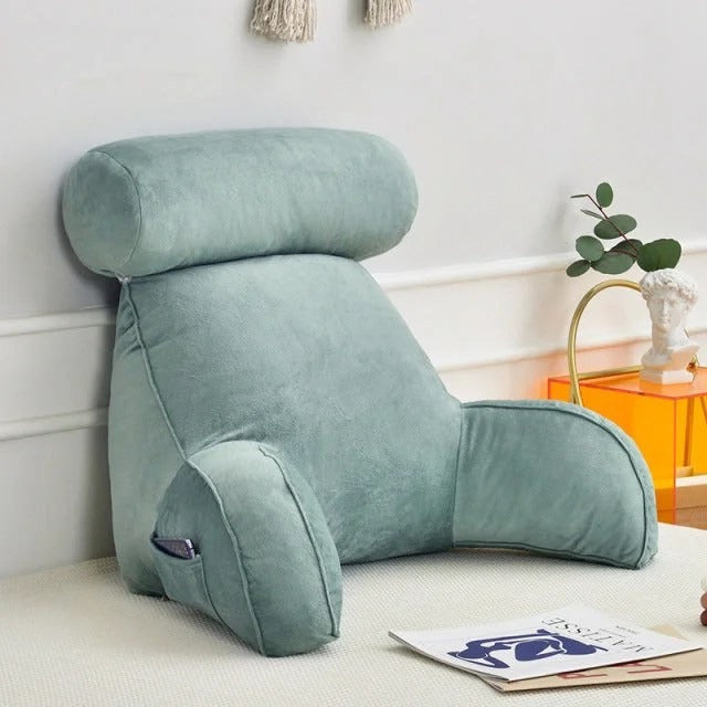 "Luxury backrest pillow with adjustable headrest and velour cover for neck and back support, ideal for bed or sofa lounging."