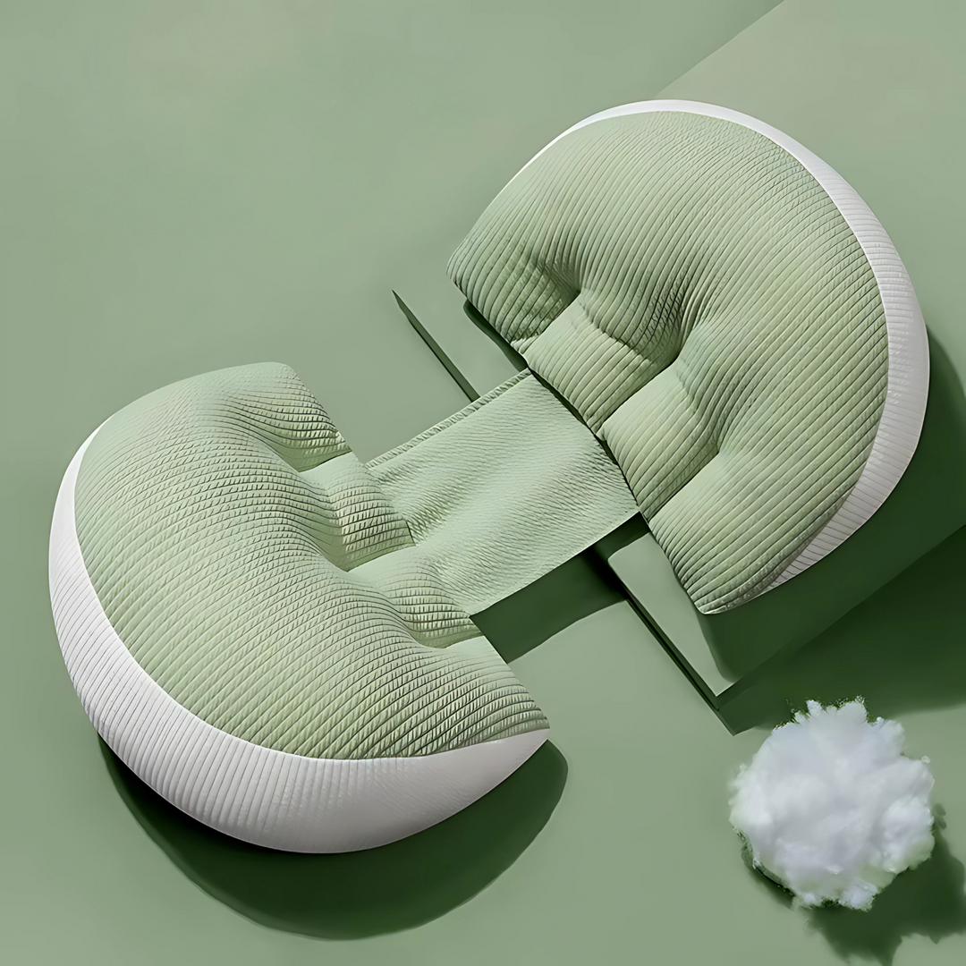 "Maternity Butterfly Pillow in soft blue and white, dual wings for belly and back support, promotes optimal side sleeping."