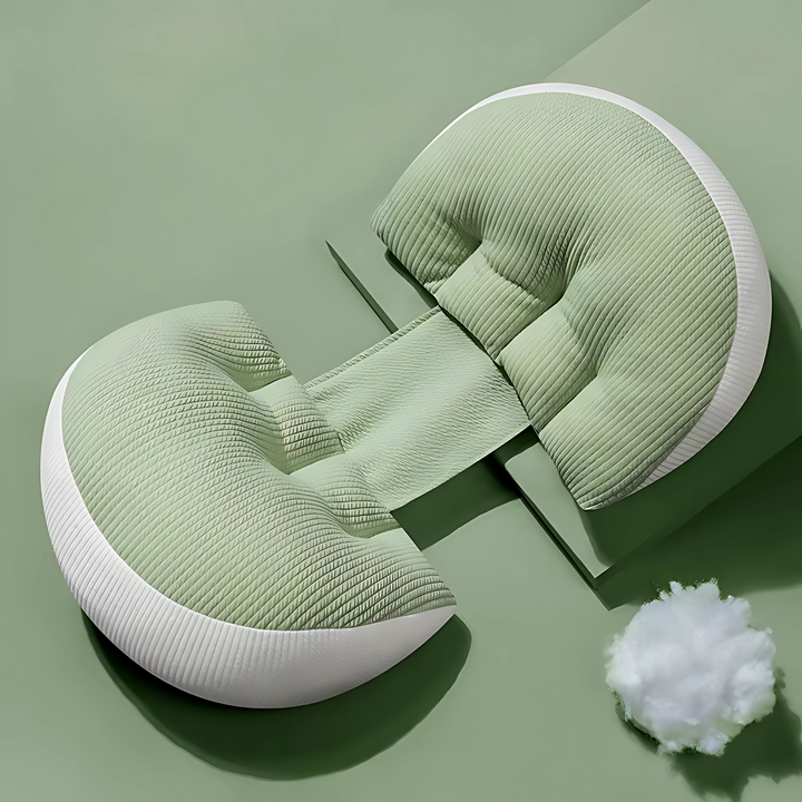 "Maternity Butterfly Pillow in soft blue and white, dual wings for belly and back support, promotes optimal side sleeping."