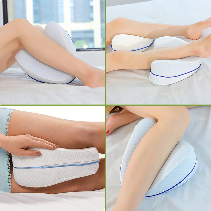 "Memory foam leg and knee support pillow in grey, pink, and white for pain relief, shown in various color options."