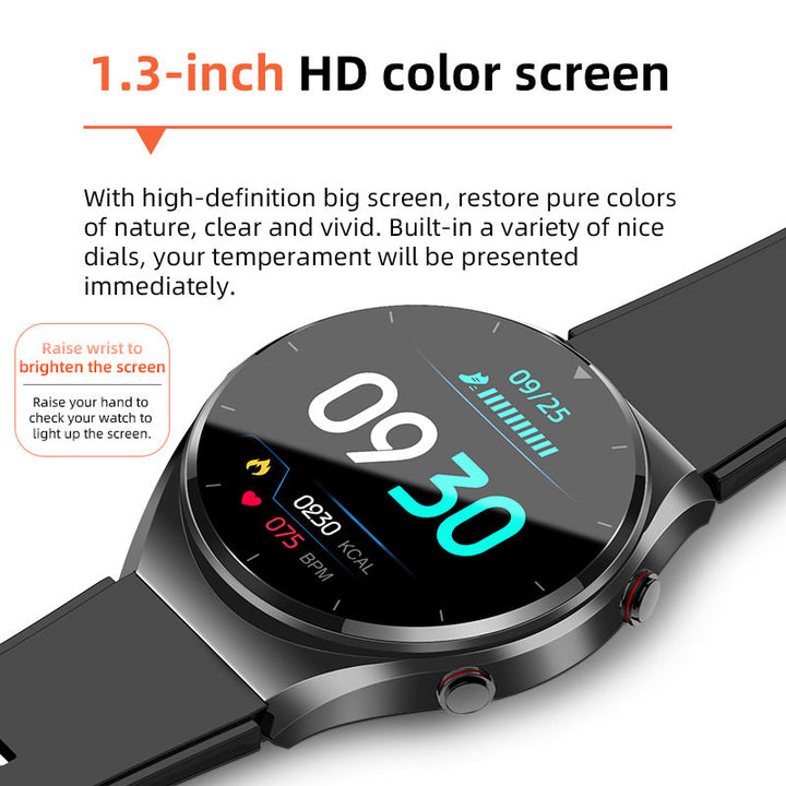 Men's HealthGuard Pro ECG HRV Smart Watch in sleek black, featuring a large round touchscreen and health monitoring sensors.