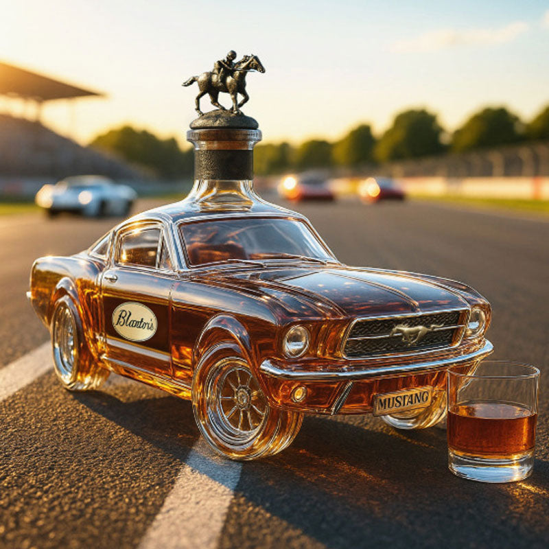 "Men's Mustang car shaped whiskey decanter in glass, detailed artistic design, perfect for home bar decor and car enthusiasts