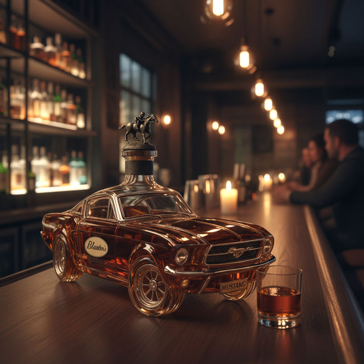 "Men's Mustang car shaped whiskey decanter in glass, detailed artistic design, perfect for home bar decor and car enthusiasts
