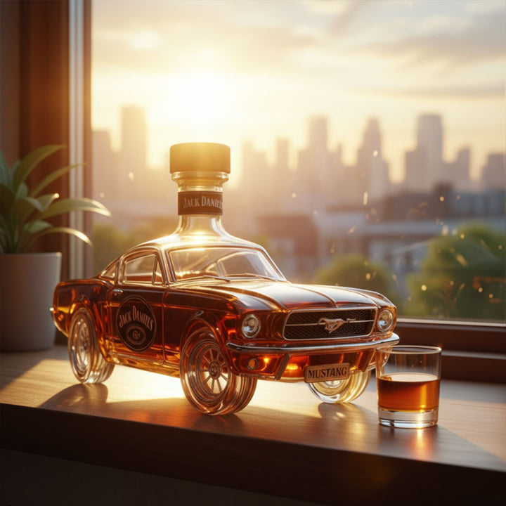 "Men's Mustang car shaped whiskey decanter in glass, detailed artistic design, perfect for home bar decor and car enthusiasts