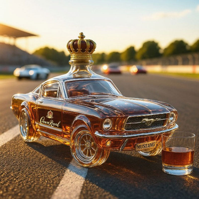 "Men's Mustang car shaped whiskey decanter in glass, detailed artistic design, perfect for home bar decor and car enthusiasts