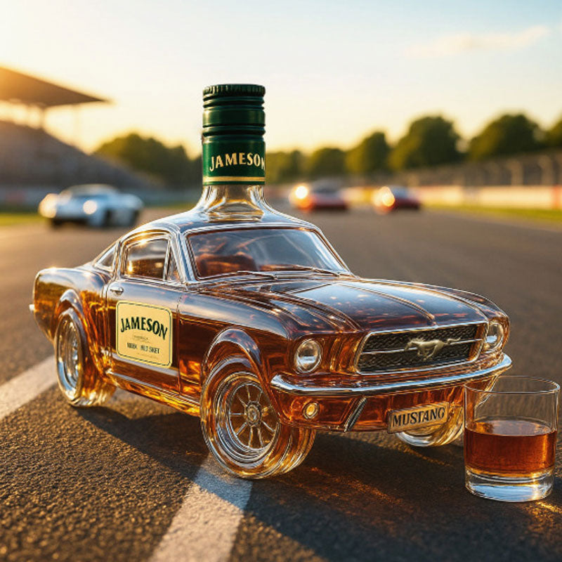 "Men's Mustang car shaped whiskey decanter in glass, detailed artistic design, perfect for home bar decor and car enthusiasts