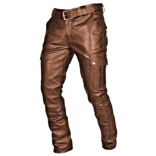 "Men's black leather motorcycle pants with cargo pockets, faux leather, for adventure riding and urban wear."
