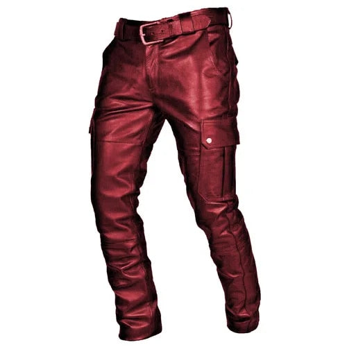 "Men's black leather motorcycle pants with cargo pockets, faux leather, for adventure riding and urban wear."