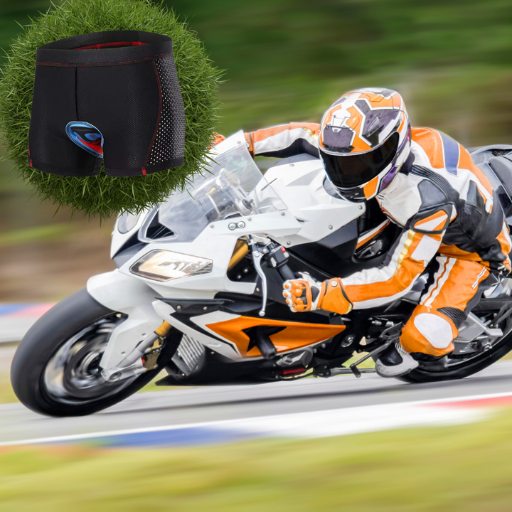 "Men's black motorcycle protection shorts with chamois padding, 3-D gel pads, and flatlock stitching for long ride comfort."