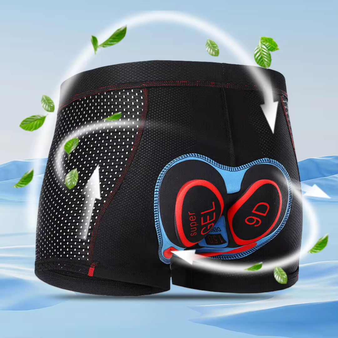 "Men's black motorcycle protection shorts with chamois padding, 3-D gel pads, and flatlock stitching for long ride comfort."