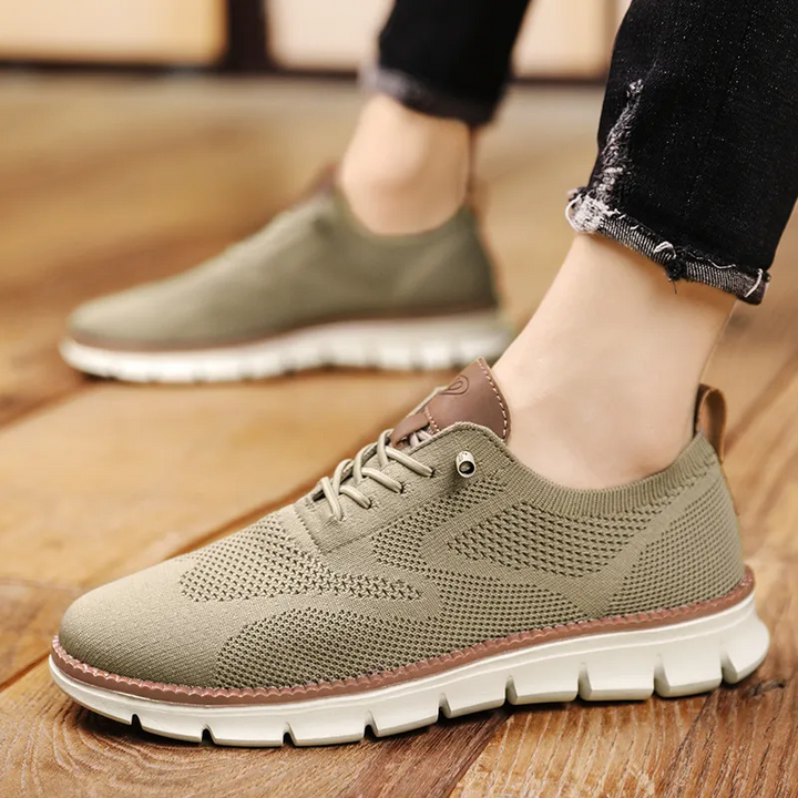 "Men's breathable lightweight stretch shoes, ultra comfort design, feather-light, versatile, knit material, stylish colors."