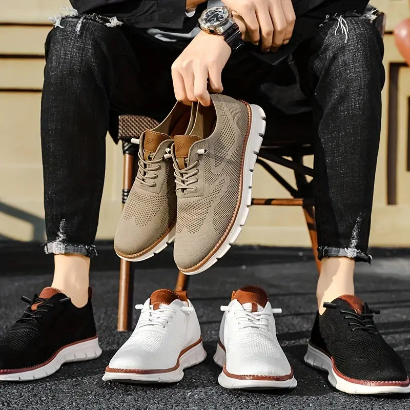 "Men's breathable lightweight stretch shoes, ultra comfort design, feather-light, versatile, knit material, stylish colors."