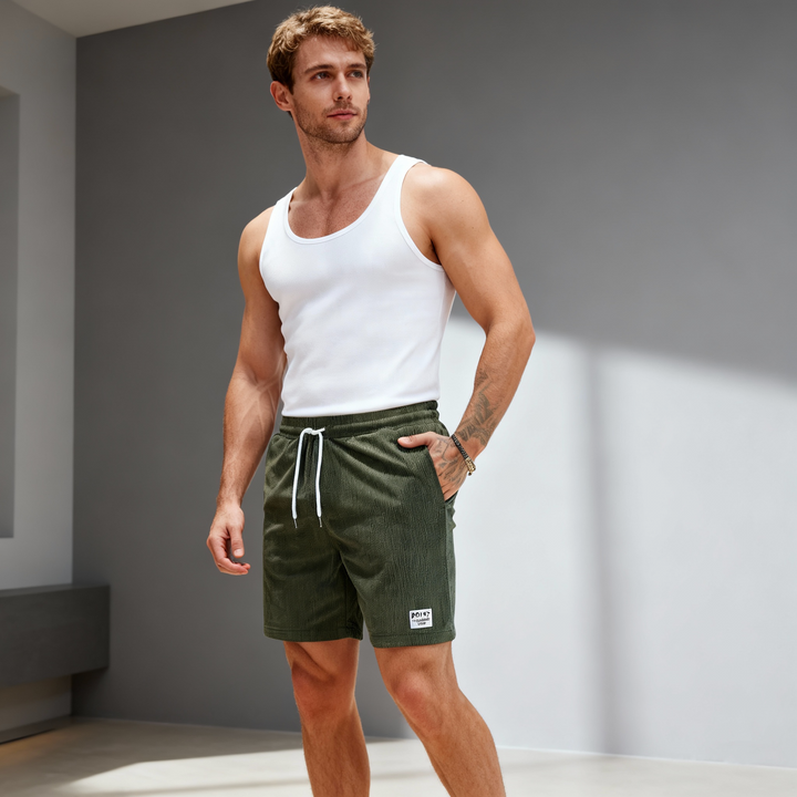 Men's casual swim shorts with elastic waistband, above-the-knee length, side pockets, and drawstring for adjustable fit.