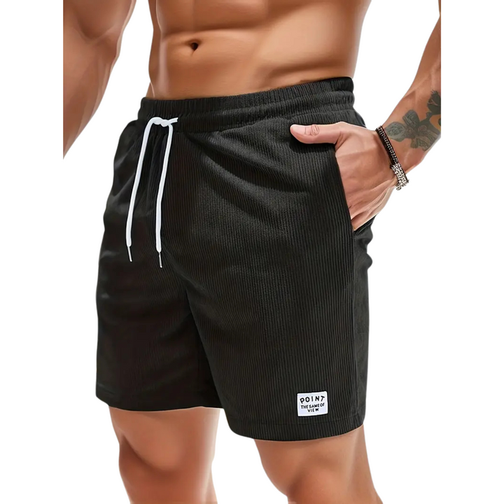 Men's casual swim shorts with elastic waistband, above-the-knee length, side pockets, and drawstring for adjustable fit.