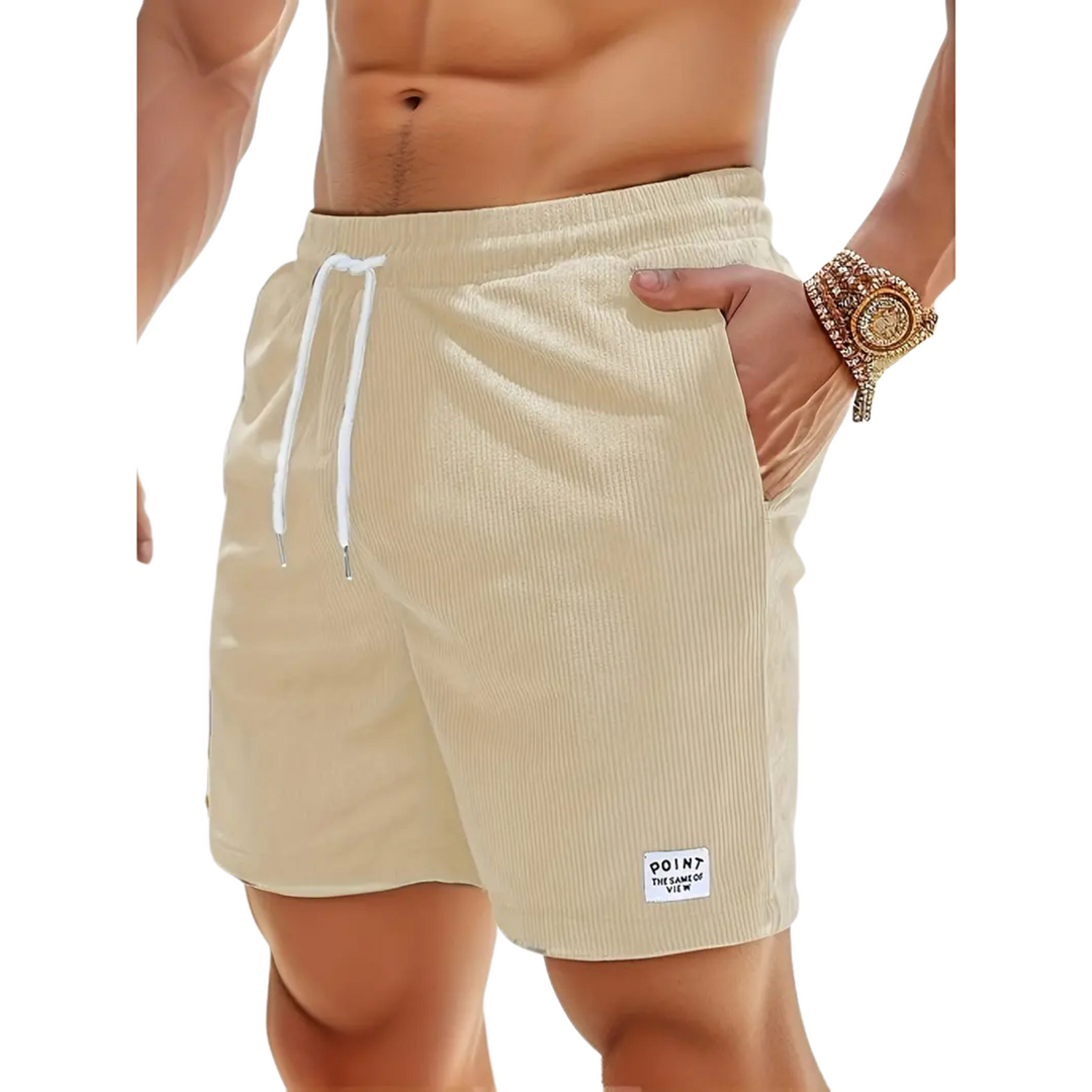 Men's casual swim shorts with elastic waistband, above-the-knee length, side pockets, and drawstring for adjustable fit.