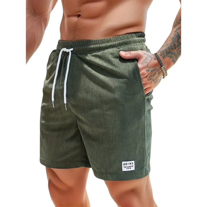 Men's casual swim shorts with elastic waistband, above-the-knee length, side pockets, and drawstring for adjustable fit.