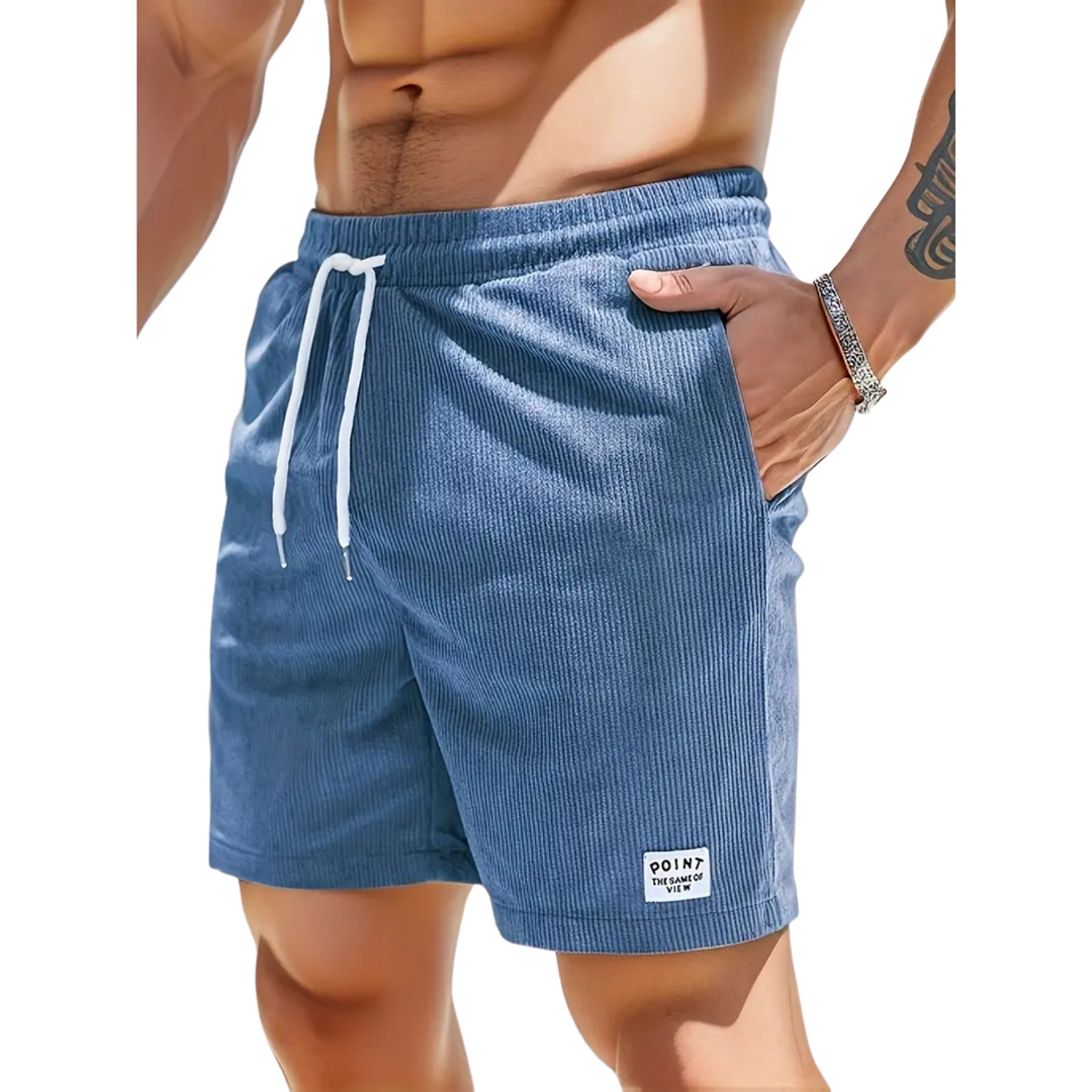 Men's casual swim shorts with elastic waistband, above-the-knee length, side pockets, and drawstring for adjustable fit.
