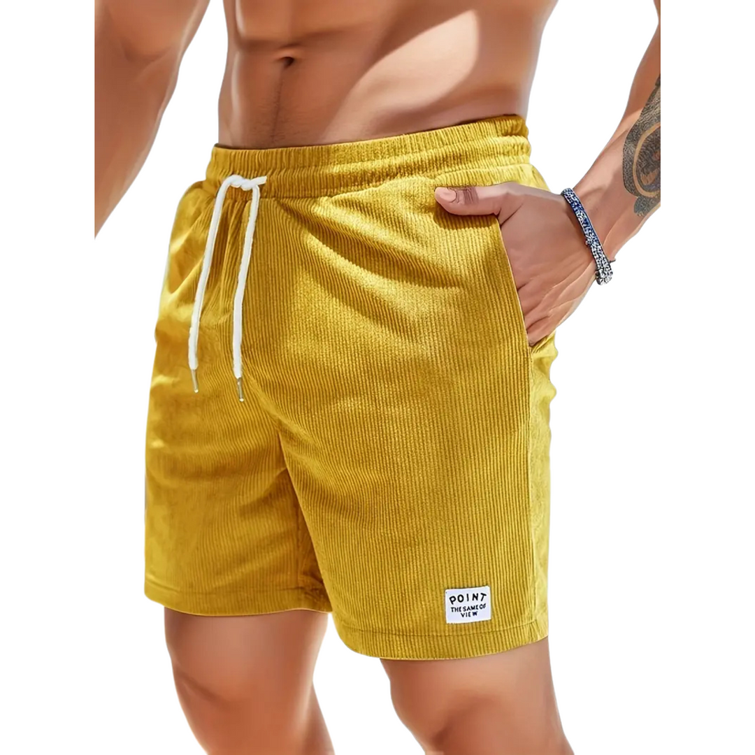 Men's casual swim shorts with elastic waistband, above-the-knee length, side pockets, and drawstring for adjustable fit.