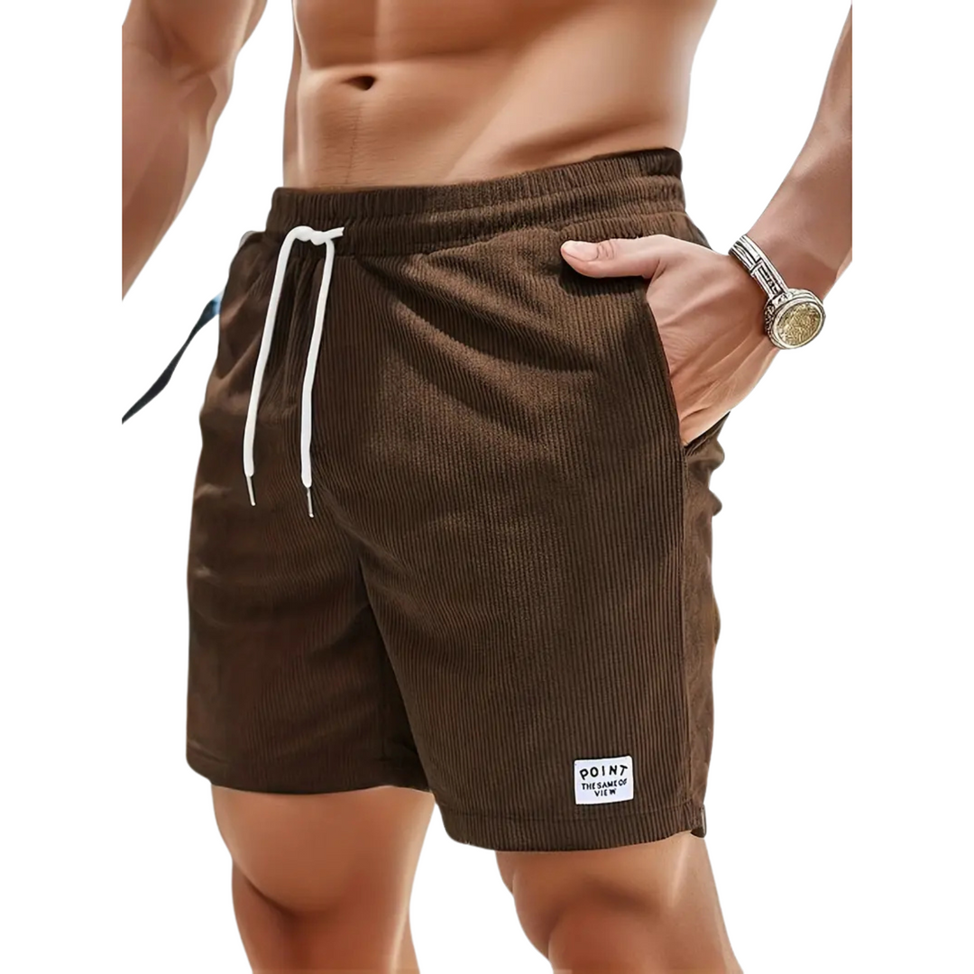 Men's casual swim shorts with elastic waistband, above-the-knee length, side pockets, and drawstring for adjustable fit.