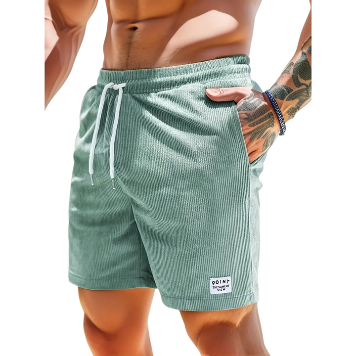 Men's casual swim shorts with elastic waistband, above-the-knee length, side pockets, and drawstring for adjustable fit.