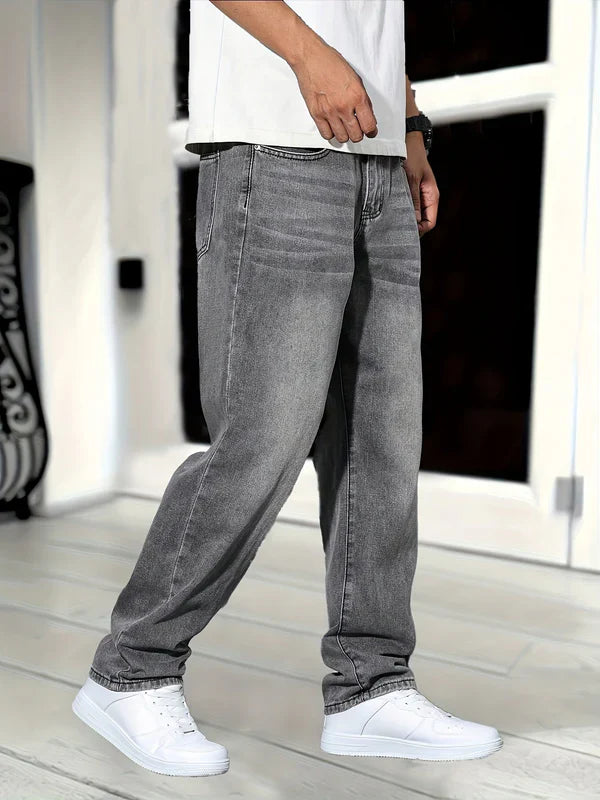 Men's classic straight washed denim pants featuring a straight-leg fit, subtle wash, and durable cotton-polyester blend.