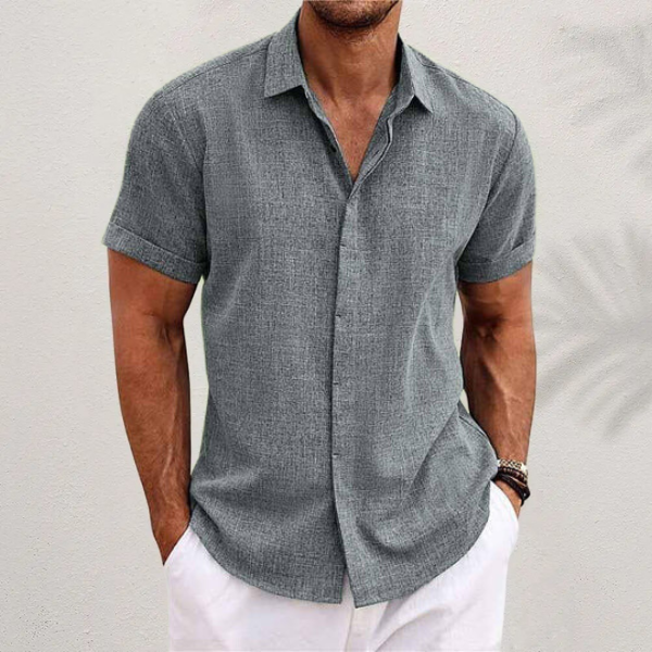 Men's cotton linen short sleeve shirt, front view, breathable fabric, versatile design, perfect for casual and semi-formal we