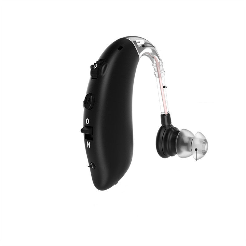 "Men's digital behind-ear hearing aid with sleek design, enhancing sound clarity, rechargeable, and customizable fit."